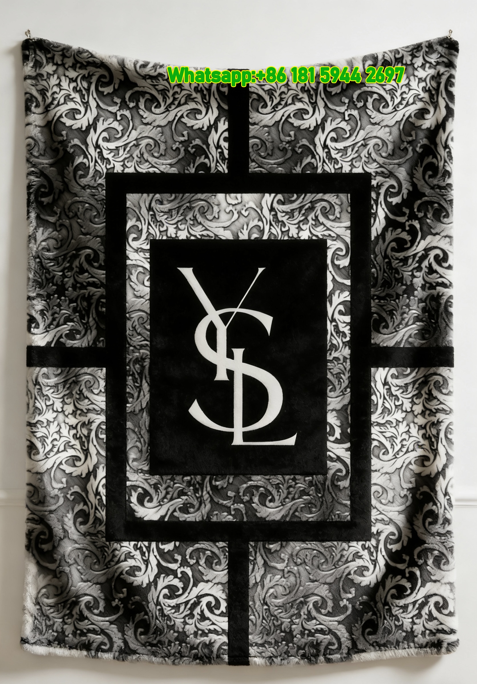 Yves Saint Laurent YSL Black Silver Baroque Pattern Printed Flannel Sofa Throw Blanket IMG_3223